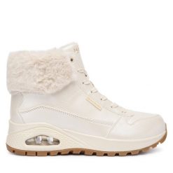 Trzewiki Skechers. Białe botki damskie Skechers, bez obcasa, na płaskiej podeszwie, bez zapięcia. Za 359.99 zł.