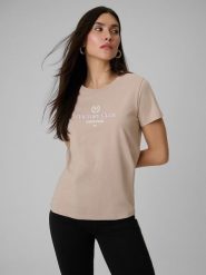 4F T-shirt regular z nadrukiem damski - beżowy XS. Brązowe t-shirty damskie 4f, xs, bez wzorów, z dzianiny, bez kołnierzyka. Za 59.99 zł.