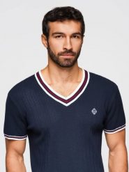 Męska wiskozowa koszulka z dekoltem w serek - granatowa V2 - Rozmiar: XXL. Niebieskie t-shirty męskie Ombre Clothing, m, bez wzorów, z dzianiny, biznesowe, bez kołnierzyka. Za 209.99 zł.