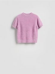 Sweter z metaliczną nitką - różowy. Czerwone swetry damskie Reserved, l, bez wzorów, z dzianiny, bez kołnierzyka, bez ramiączek, bez kaptura. Za 149.99 zł.