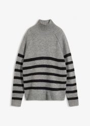 Luźny sweter z golfem. Szare swetry damskie bonprix, bez wzorów, bez kołnierzyka, bez ramiączek, bez kaptura. Za 109.99 zł.