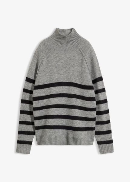 Luźny sweter z golfem. Szare swetry damskie bonprix, bez wzorów, bez kołnierzyka, bez ramiączek, bez kaptura. Za 109.99 zł.