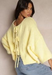 Żółty Kardigan z Wełną o Kroju Oversize z Wiązanymi Kokardami Elearina. Żółte kardigany damskie Renee, bez wzorów, z jeansu, eleganckie, bez kołnierzyka, bez ramiączek, bez kaptura. Za 139.99 zł.