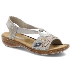 Srebrne Sandały Rieker Wsuwne Obuwie Damskie Z Eleganckimi Dodatkami. Szare sandały damskie Rieker, bez wzorów, z materiału, bez obcasa, bez zapięcia. Za 299.00 zł.