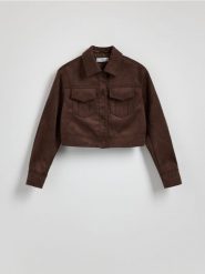 Krótka kurtka z kołnierzykiem - brązowy. Brązowe kurtki damskie Reserved, l, bez wzorów, bez kaptura. W wyprzedaży za 159.99 zł.