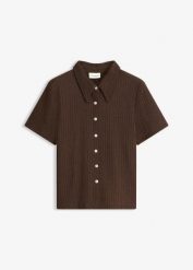 Bluzka koszulowa w strukturalny wzór. Brązowe bluzki damskie bonprix, bez wzorów, eleganckie, bez kołnierzyka, bez ramiączek. Za 64.99 zł.