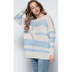 Beżowy Luźny Sweter w Paski z Naszytą Kieszenią. Paski damskie marki Molly.pl. Za 129.90 zł.