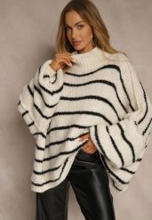 Beżowy Oversizowy Golf w Paski z Dodatkiem Wełny i Wiskozy Nezella. Brązowe swetry damskie Renee, bez wzorów, z jeansu, eleganckie, bez kołnierzyka, bez ramiączek, bez kaptura. Za 159.99 zł.