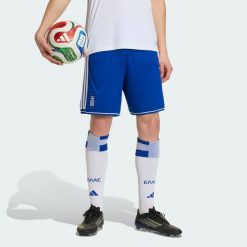 Szorty podstawowe Grecja 26. Niebieskie krótkie spodenki sportowe męskie Adidas, l, bez wzorów, z materiału, do piłki nożnej, climacool (adidas). Za 199.00 zł.