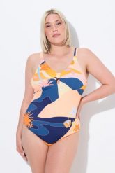 Damski Strój kąpielowy węzełek miękkie miseczki regulowane ramiączka. Niebieskie kostiumy jednoczęściowe damskie Ulla Popken, plus size, bez wzorów, z elastanu, wakacyjne, plus size, do pływania. Za 206.99 zł.
