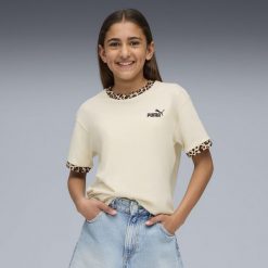 Młodzieżowa koszulka Essentials ze zwierzęcym wzorem o luźnym kroju PUMA. Biała t-shirty damskie Puma, m, bez wzorów, z dżerseju, eleganckie, bez kołnierzyka. Za 66.99 zł.