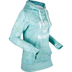 Lekka bluza z kapturem, długi rękaw bonprix morski pastelowy z nadrukiem. Bluzy damskie marki bonprix. Za 99.99 zł.