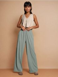 Luźne spodnie wide leg - zielony. Zielone spodnie materiałowe damskie Sinsay, l, bez wzorów. W wyprzedaży za 27.99 zł.