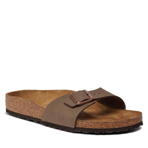 Klapki Birkenstock. Brązowe klapki damskie Birkenstock, bez wzorów, bez obcasa. Za 309.99 zł.