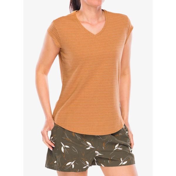Koszulka turystyczna damska Royal Robbins Vacationer V-Neck SS. Brązowe koszulki sportowe damskie ROYAL ROBBINS, bez wzorów, bez kołnierzyka, bez ramiączek. Za 235.99 zł.