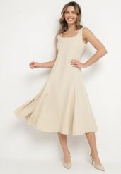 Beżowa Klasyczna Sukienka o Rozkloszowanym Kroju Delure. Brązowe sukienki damskie Born2be, l, z aplikacjami, eleganckie, bez kołnierzyka, bez ramiączek, midi, rozkloszowane. Za 69.99 zł.