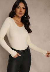 Jasnobeżowy Sweter z Bawełną z Prążkowanej Dzianiny Reisaria. Brązowe swetry dla dziewczynek Renee, bez wzorów, z bawełny, casualowe, bez kołnierzyka, bez ramiączek, bez kaptura. Za 39.99 zł.