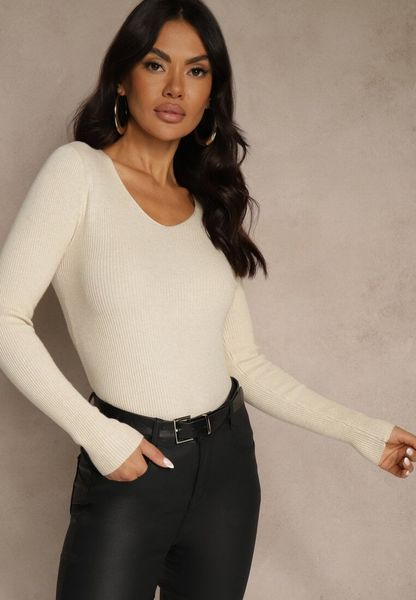 Jasnobeżowy Sweter z Bawełną z Prążkowanej Dzianiny Reisaria. Brązowe swetry dla dziewczynek Renee, bez wzorów, z bawełny, casualowe, bez kołnierzyka, bez ramiączek, bez kaptura. Za 39.99 zł.