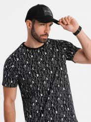 Bawełniana koszulka z nadrukiem i okrągłym dekoltem – czarna V2 OM-TSFP-0225 - XXL. Czarne t-shirty męskie Ombre Clothing, l, bez wzorów, z bawełny, klasyczne, bez kołnierzyka. Za 65.99 zł.