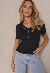 Czarny T-shirt z Bawełny z Łańcuszkiem i Marszczeniem Olisinia. Czarne bluzki damskie Renee, m, bez wzorów, z bawełny, glamour, bez kołnierzyka. Za 39.99 zł.