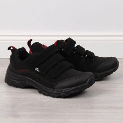 Buty trekkingowe na rzepy wodoodporne czarno-czerwone American Club. Czarne obuwie sportowe damskie American CLUB. Za 159.99 zł.