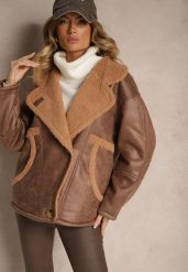 Brązowa Kurtka Typu Biker o Kroju Oversize z Futrzaną Podszewką i Guzikami Nikilina. Brązowe kurtki damskie Renee, m, bez wzorów, z futra, bez kaptura. Za 309.99 zł.