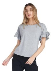 Błyszcząca damska koszulka z krótkim rękawem i falbaną. Szare koszulki sportowe damskie LEONE 1947 APPAREL, l, bez wzorów, z bawełny, bez kołnierzyka, bez ramiączek, na fitness i siłownię. Za 84.16 zł.
