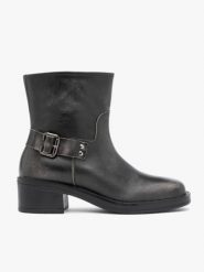 Czarno-szare botki biker boots. Szare botki damskie Ryłko, ze skóry, klasyczne, bez obcasa, bez zapięcia. Za 579.99 zł.