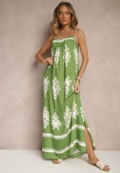Zielona Rozkloszowana Sukienka na Ramiączkach w Ornamentalny Print Reveleine. Zielone sukienki damskie Renee, na co dzień, l, z aplikacjami, bez kołnierzyka, bez ramiączek, maxi, dopasowane. Za 69.99 zł.