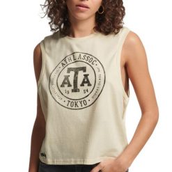 Koszulka turystyczna damska Superdry Vintage Collegiate Tank. Białe koszulki sportowe damskie Superdry., xs, bez wzorów, z bawełny, bez kołnierzyka, bez ramiączek. W wyprzedaży za 74.00 zł.