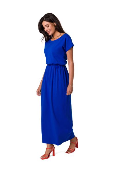 Bawełniana Maxi Sukienka z Gumą w Pasie - Chabrowa. Niebieskie sukienki damskie MOE, l, bez wzorów, z bawełny, bez kołnierzyka, bez ramiączek, maxi. Za 287.79 zł.