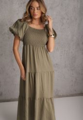 Ciemnozielona Sukienka z Wiskozy o Rozkloszowanym Kroju z Bufiastymi Rękawkami Rosena. Zielone sukienki dla dziewczynek Renee, bez wzorów, z tkaniny, bez ramiączek. Za 89.99 zł.