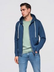 Bluza męska bawełniana dresowa BASIC rozpinana z kapturem - granatowa V4. Niebieskie bluzy męskie Ombre Clothing, m, z aplikacjami, z bawełny, z kapturem. W wyprzedaży za 118.99 zł.