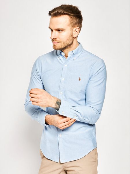 Polo Ralph Lauren Koszula Core Replen 710549084 Błękitny Slim Fit. Niebieskie koszule męskie Polo Ralph Lauren, m, bez wzorów, z bawełny, bez kołnierzyka, bez ramiączek. Za 539.99 zł.