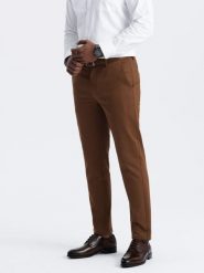 Spodnie męskie chino SLIM FIT z delikatną teksturą - karmelowe V3 - Rozmiar: XL. Spodnie materiałowe męskie Ombre Clothing, m, bez wzorów, z bawełny. W wyprzedaży za 199.99 zł.