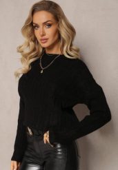 Czarny Sweter w Ozdobny Splot z Kaszmirem Habeni. Czarne swetry damskie Renee, na zimę, l, bez wzorów, z kaszmiru, casualowe, bez kołnierzyka, bez ramiączek, bez kaptura. Za 54.99 zł.
