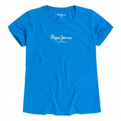 T-shirt w kolorze niebieskim. Niebieskie t-shirty damskie Pepe Jeans, z aplikacjami, z okrągłym kołnierzem. W wyprzedaży za 67.95 zł.
