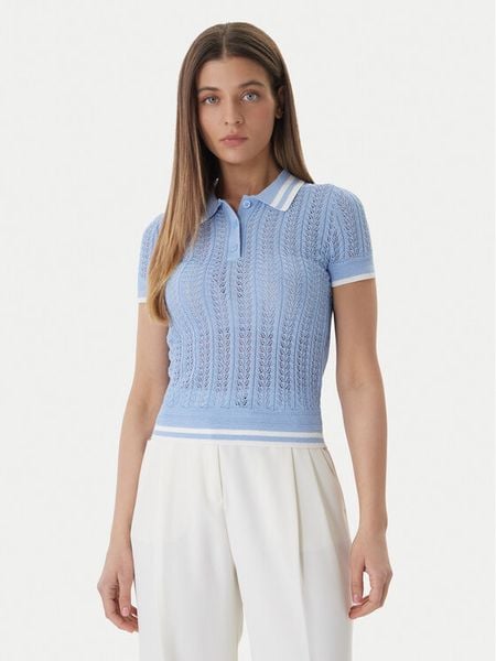 Guess Sweter W6GR25 Z0672 Niebieski Regular Fit. Niebieskie swetry damskie Guess, m, z aplikacjami, z wiskozy, bez kołnierzyka, bez ramiączek, bez kaptura. Za 374.99 zł.