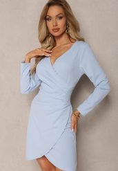 Niebieska Kopertowa Sukienka Drapowana w Talii Ejorunna. Niebieskie sukienki damskie Renee, na imprezę, bez wzorów, eleganckie, bez kołnierzyka, bez ramiączek, mini, kopertowe. Za 69.99 zł.