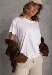 Biały T-shirt Basic Oversize z Bawełny Elusis. Białe bluzki damskie Renee, m, bez wzorów, z bawełny, eleganckie, bez kołnierzyka, bez ramiączek. Za 39.99 zł.