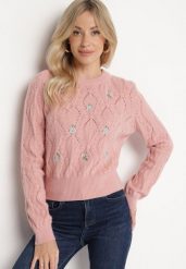 Różowy Sweter Ozdobiony Tłoczeniem i Kwiatkami Eretina. Czerwone swetry damskie Born2be, m, z aplikacjami, z jeansu, bez kołnierzyka, bez ramiączek, bez kaptura. Za 139.99 zł.