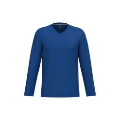 Koszulka z długim rękawem z dekoltem w serek Kariban. Niebieskie bluzki z długim rękawem męskie KARIBAN, s, bez wzorów, z bawełny, eleganckie, bez kołnierzyka. Za 116.50 zł.