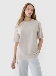 4F T-shirt oversize gładki damski - beżowy XS. Brązowe koszulki sportowe damskie 4f, xs, bez wzorów, z bawełny, klasyczne, bez kołnierzyka. W wyprzedaży za 39.99 zł.