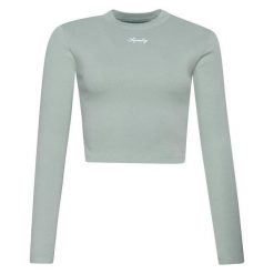 Damska koszulka z długim rękawem i haftem w prążki Superdry. Zielone t-shirty damskie Superdry., bez wzorów, prążkowane, bez kołnierzyka. Za 148.35 zł.