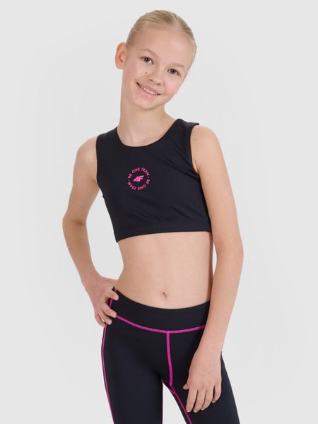 4F Biustonosz sportowy szybkoschnący dziewczęcy - czarny 158/164 (12-14 lat). Czarne t-shirty i topy dla dziewczynek 4f, bez wzorów, bez ramiączek. W wyprzedaży za 39.99 zł.