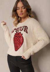 Jasnobeżowy Sweter z Dodatkiem Wełny Ozdobiony Naszywką Truskawką i Napisem Zozizelle. Brązowe swetry damskie Renee, m, z aplikacjami, z wełny, casualowe, bez kołnierzyka, bez ramiączek, długie, bez kaptura. Za 139.99 zł.