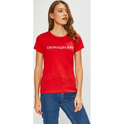 Calvin Klein Jeans - Top. Czerwone topy damskie Calvin Klein Jeans, z nadrukiem, z bawełny, z okrągłym kołnierzem, z krótkim rękawem. Za 119.90 zł.