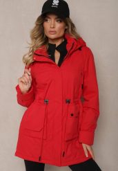 Czerwona Kurtka Pikowana w Stylu Parki ze Ściągaczem w Talii i Odpinanym Kapturem Erivieria. Czerwone kurtki damskie Renee, l, bez wzorów, z jeansu, eleganckie, z kapturem. Za 279.99 zł.