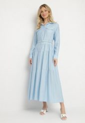 Niebieska Wiskozowa Sukienka Ozdobiona Paskiem i Guzikami Ronitte. Niebieskie sukienki damskie Born2be, na co dzień, na lato, l, bez wzorów, z wiskozy, eleganckie, bez kołnierzyka, bez ramiączek, maxi. Za 149.99 zł.