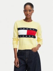 Tommy Jeans Sweter Flag DW0DW22930 Żółty jasny Regular Fit. Żółte swetry damskie Tommy Jeans, xs, bez wzorów, z bawełny, bez kołnierzyka, bez ramiączek, bez kaptura. Za 409.99 zł.
